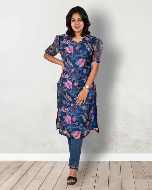 Blue Floral Shimmer Organza Kurti